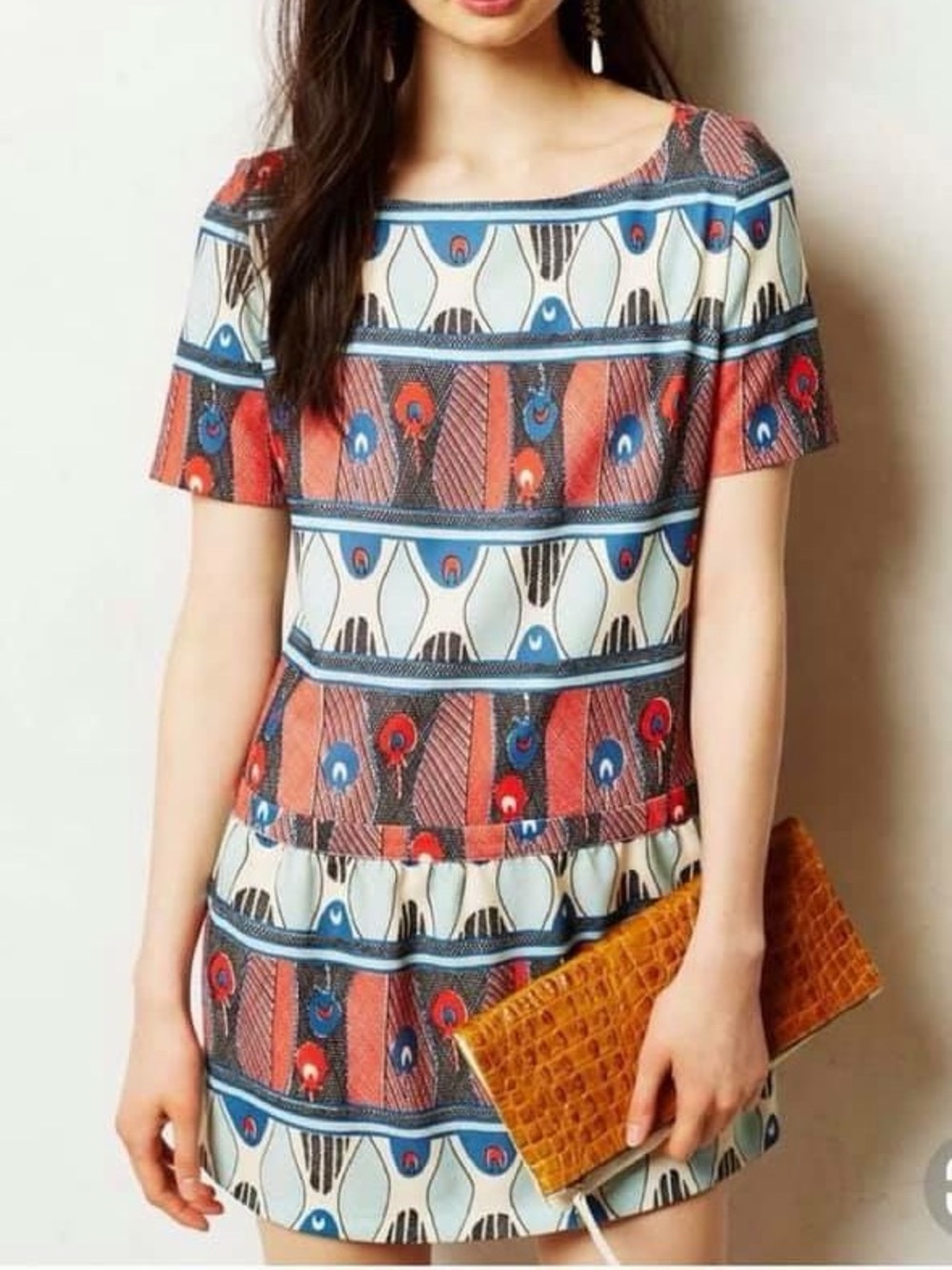 Anthropologie Red Navy Light Blue Cream Patterned Mini Dress